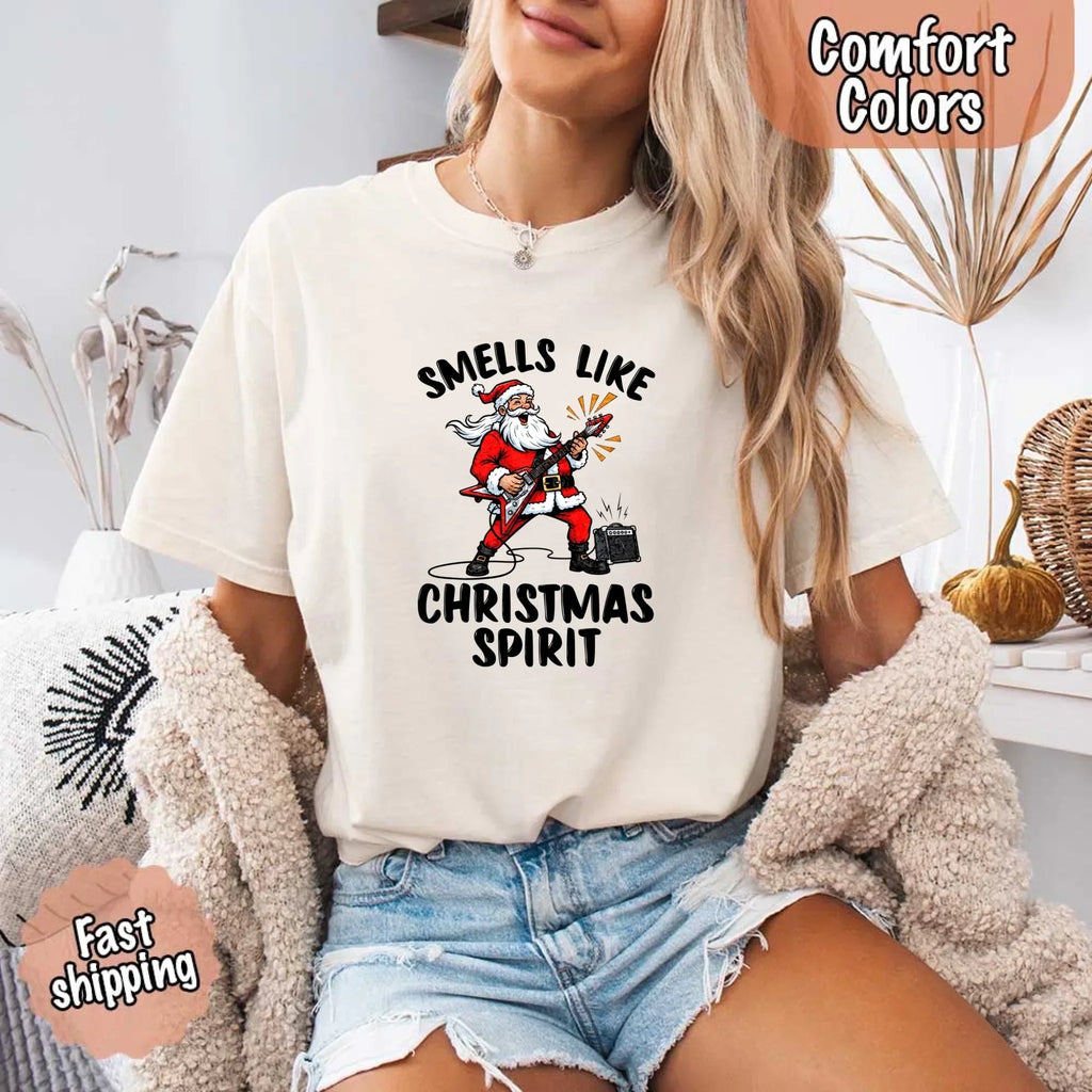 Ivory crew-neck T-shirt with Santa graphic and 'Christmas Spirit' lettering