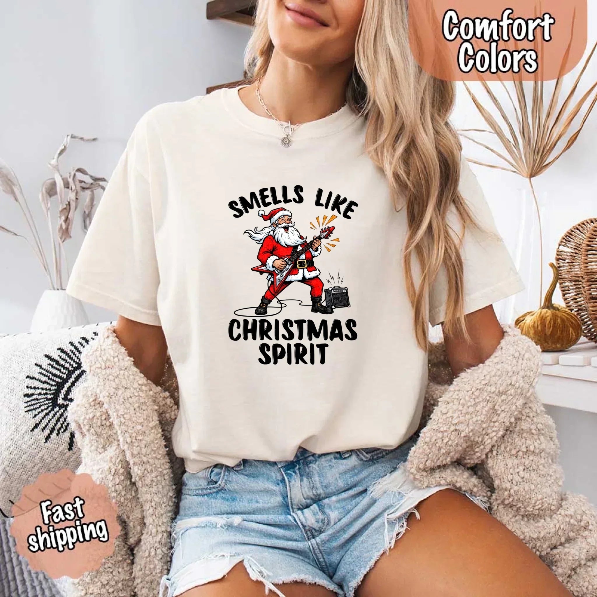 Ivory crew-neck T-shirt with Santa graphic and 'Christmas Spirit' lettering