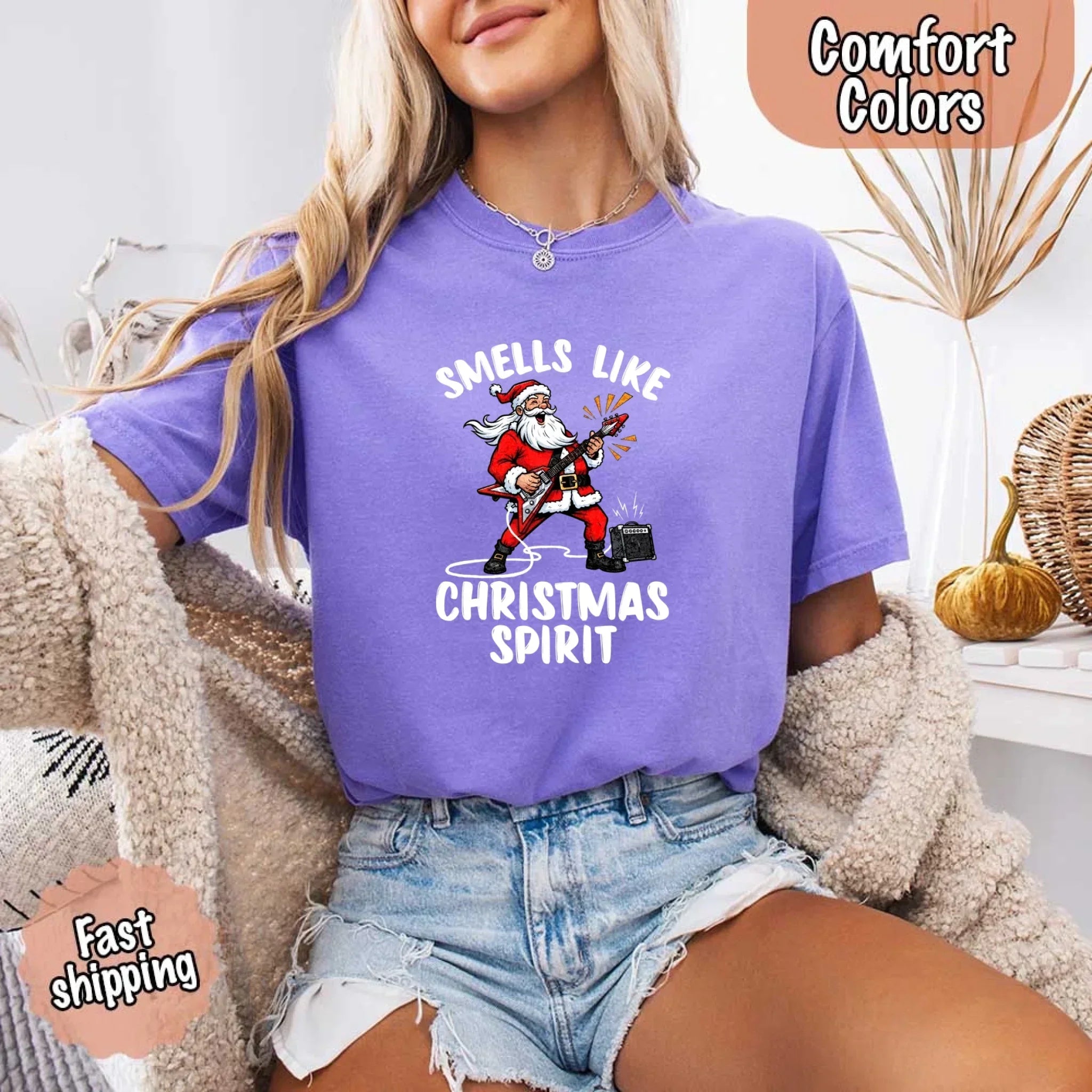 Lavender crew-neck T-shirt with Santa graphic and 'Christmas Spirit' lettering