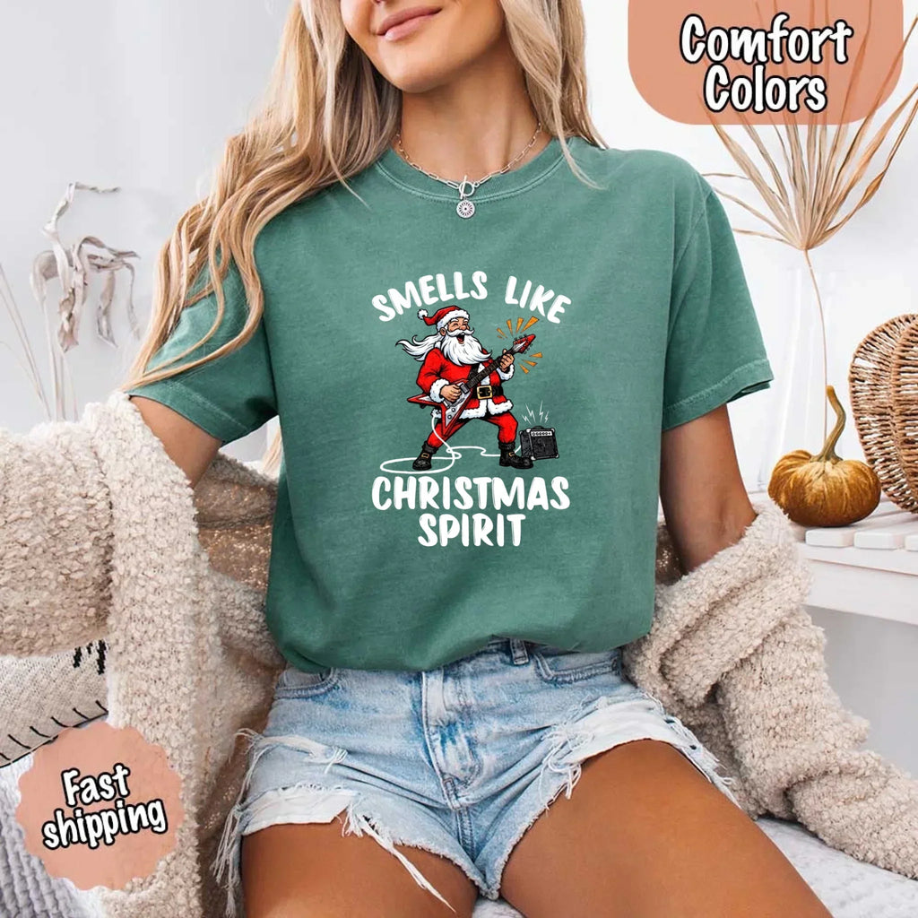 Forest green T-shirt with Santa graphic and 'Smells Like Christmas Spirit' print