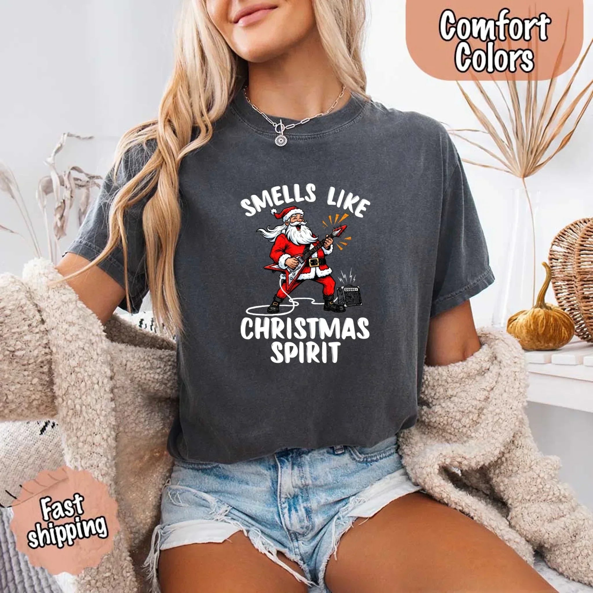 Charcoal gray T-shirt with Santa graphic and 'Smells Like Christmas Spirit' print
