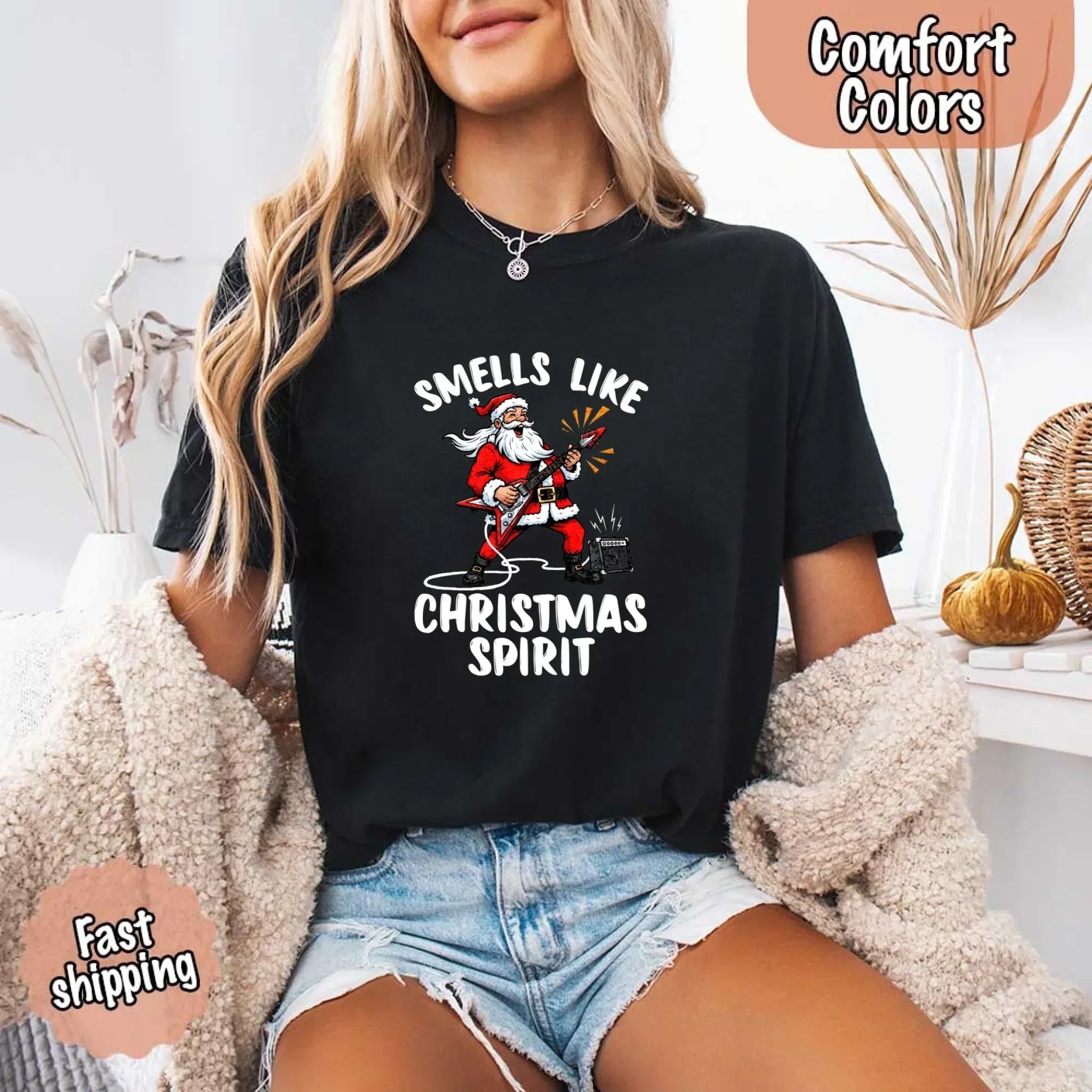 Black T-shirt with Santa graphic and 'Smells Like Christmas Spirit' print