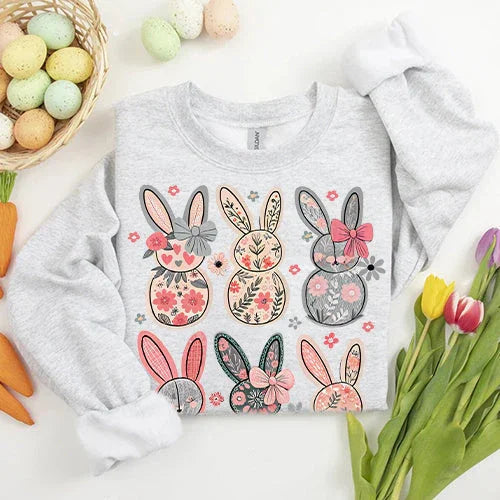 Heather gray crewneck sweatshirt with colorful bunny floral print
