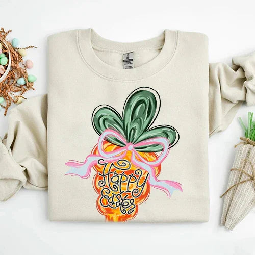 Sand crewneck sweatshirt with colorful carrot 'Happy Easter' graphic