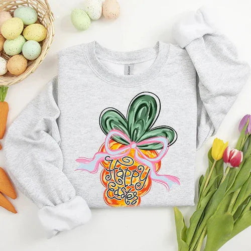 Light gray crewneck sweatshirt with colorful carrot 'Happy Easter' graphic