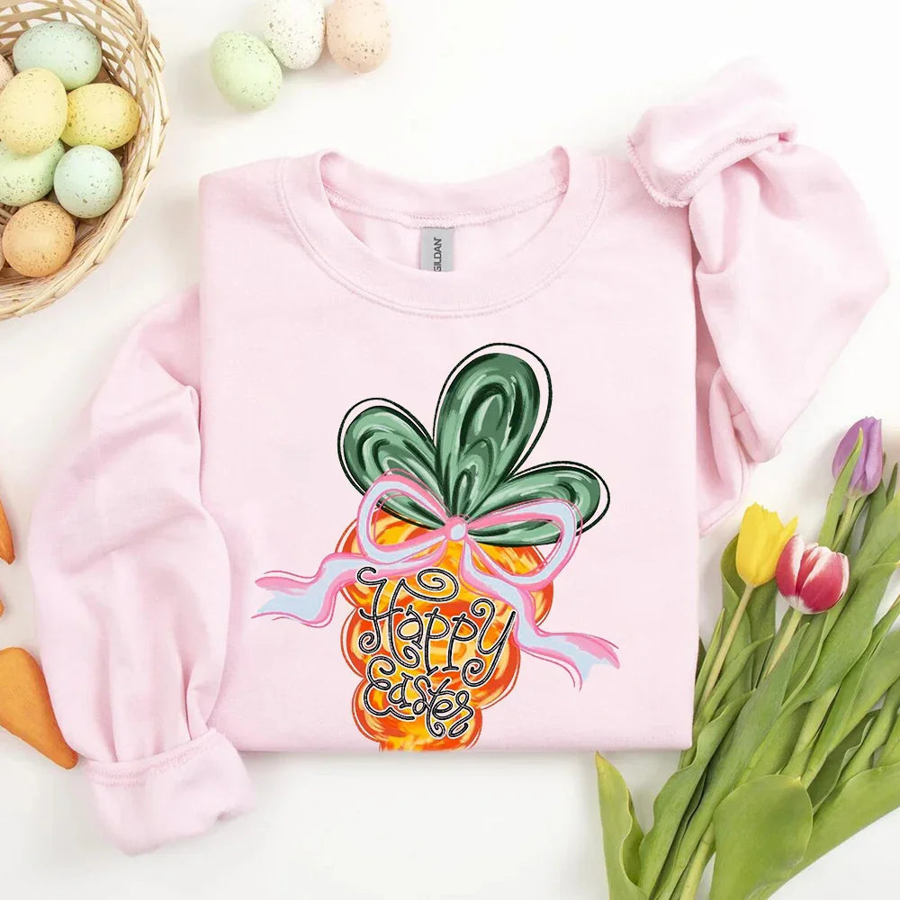 Pink crewneck sweatshirt with colorful carrot 'Happy Easter' graphic