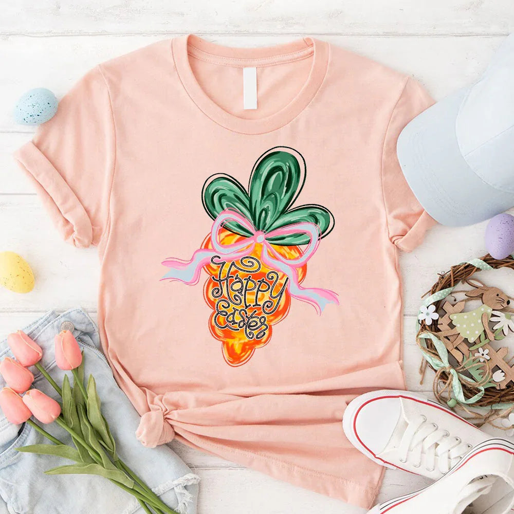 Peach coquette carrot graphic T-shirt with crew neck and front knot hem