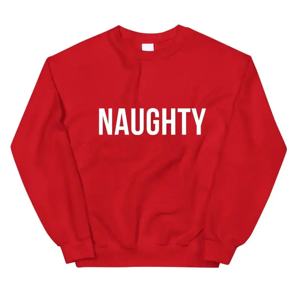 Red crewneck sweatshirt with 'NAUGHTY' front print