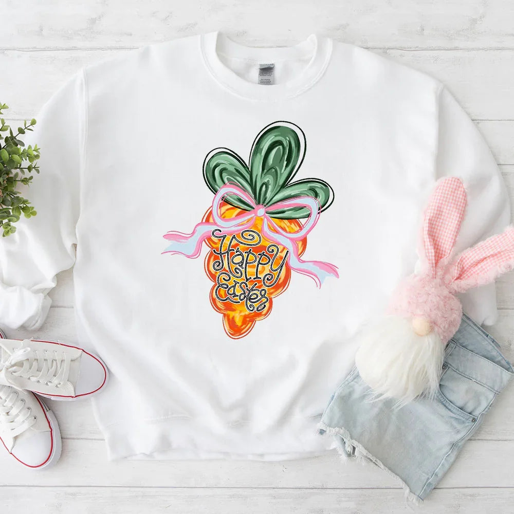 White crewneck sweatshirt with colorful carrot 'Happy Easter' graphic