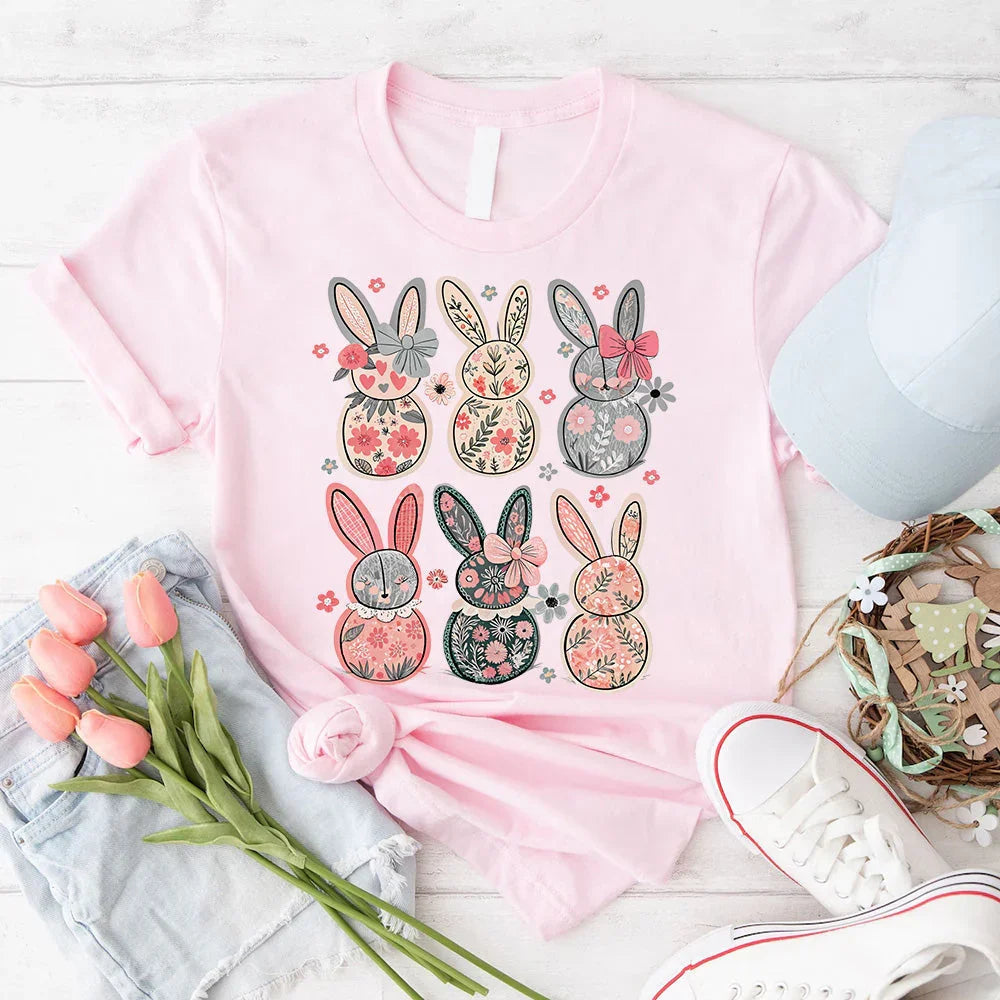 Light pink bunny floral graphic T-shirt with decorated long-eared Easter bunnies