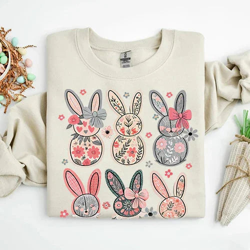 Sand crewneck sweatshirt with colorful bunny floral print