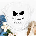 White Halloween couple tee with Jack face graphic and text "Her Jack"