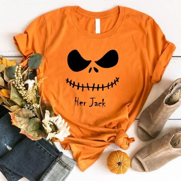 Orange Halloween couple tee with Jack face graphic and text "Her Jack"
