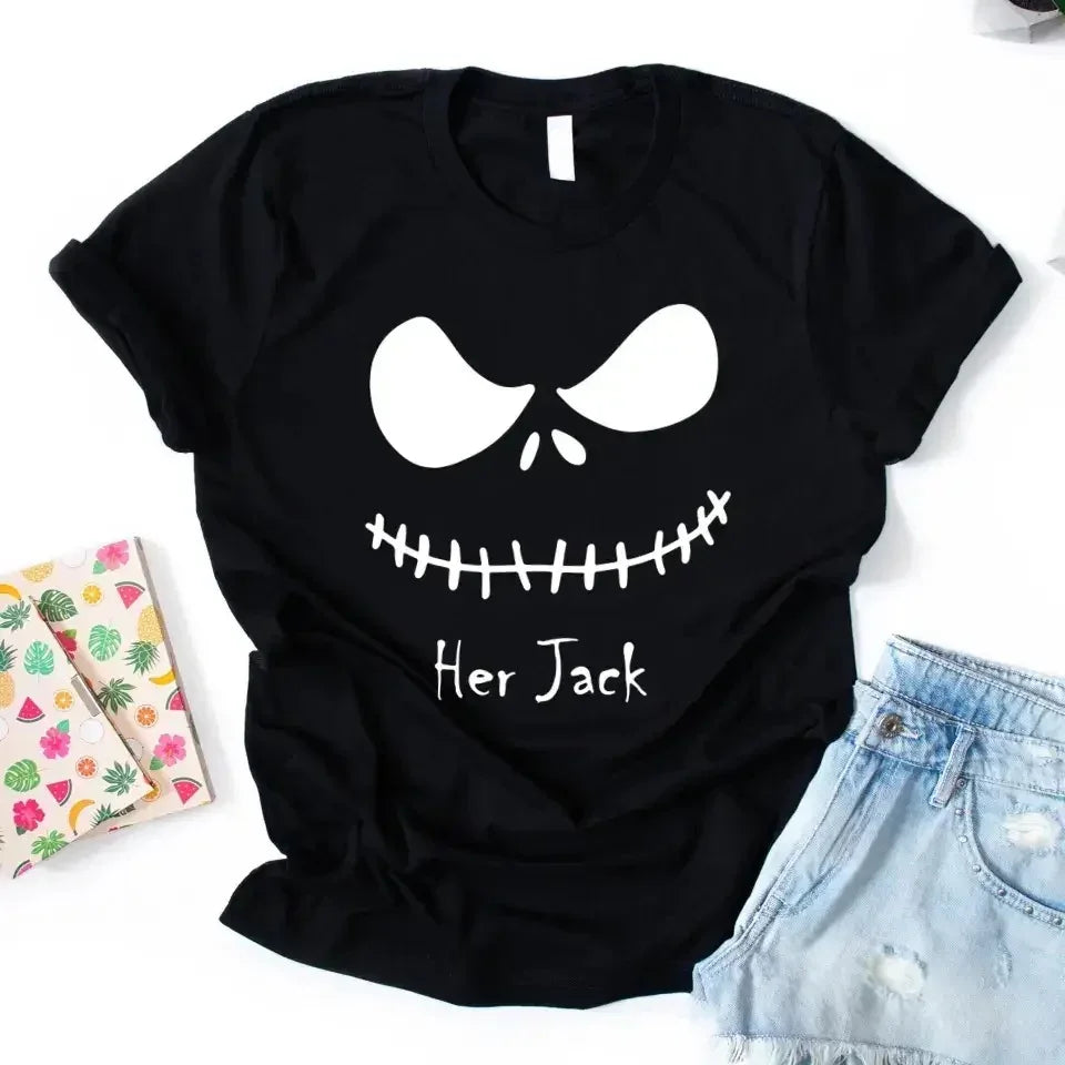 Black Halloween couple tee with Jack face graphic and text "Her Jack"
