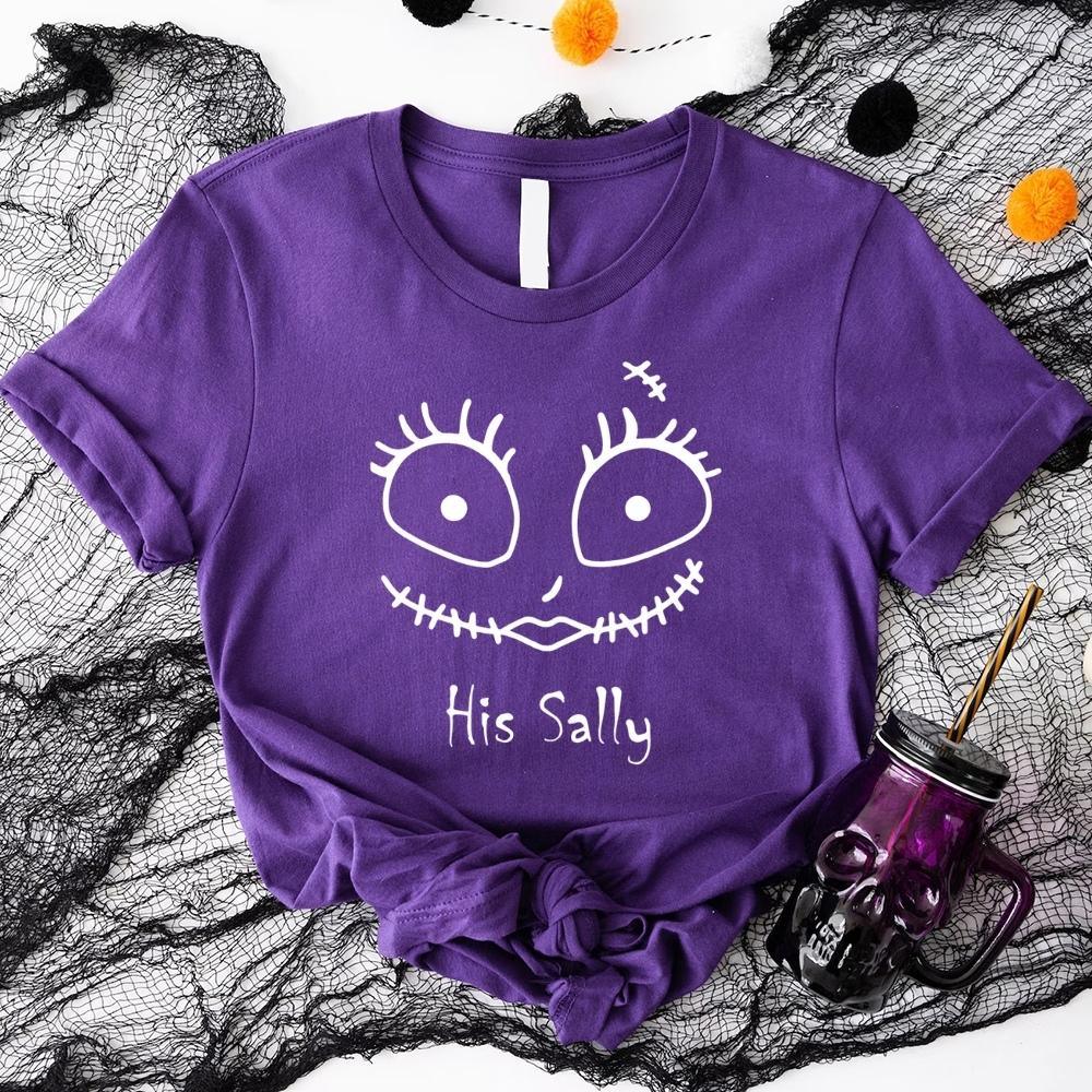 Purple crewneck Halloween tee with stitched face graphic and 'His Sally' lettering.