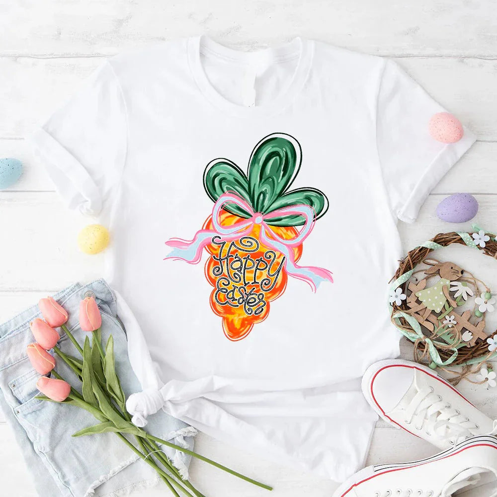 White coquette carrot graphic T-shirt with crew neck and front knot hem