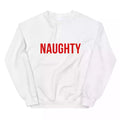 White crewneck sweatshirt with 'NAUGHTY' front print