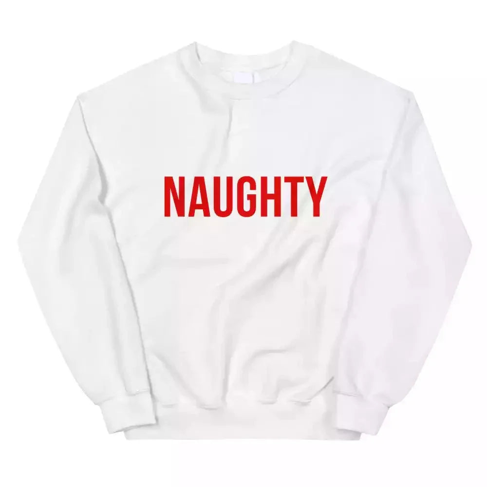 White crewneck sweatshirt with 'NAUGHTY' front print