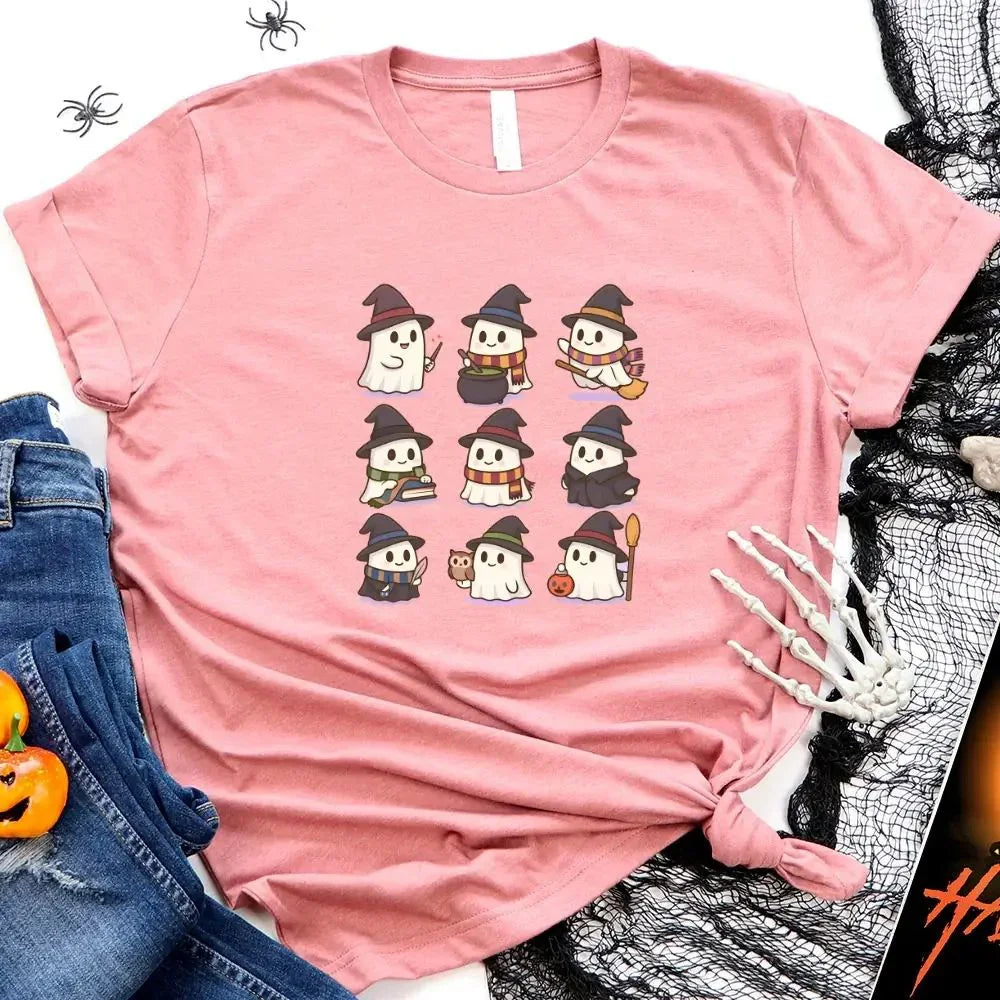 Pink Halloween T-shirt with a cute witch and ghost cartoon graphic on front