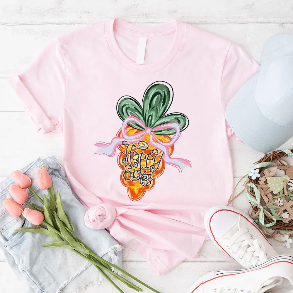 Pink coquette T-shirt with Happy Easter carrot graphic and bow