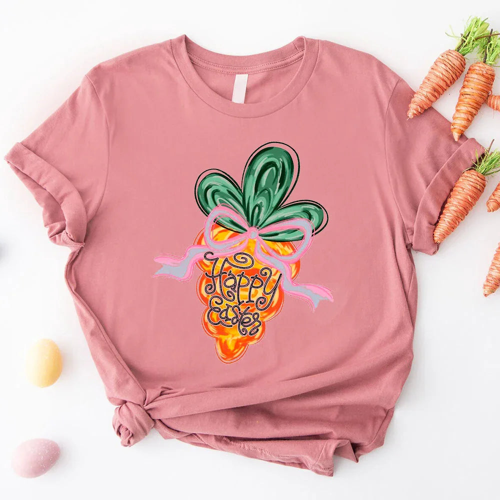 Mauve coquette carrot graphic T-shirt with crew neck and front knot hem