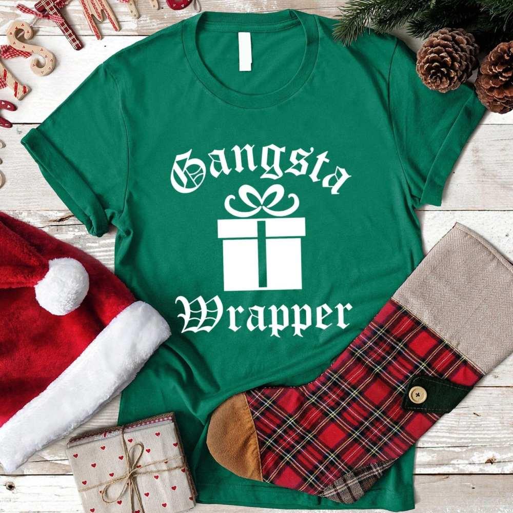 Kelly green short-sleeve crewneck tee with white "Gangsta Wrapper" graphic