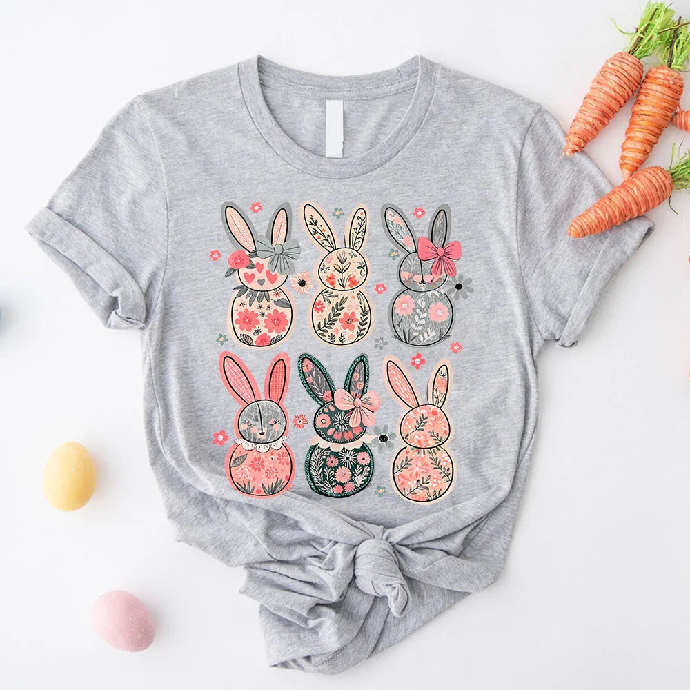 Sport grey bunny floral graphic T-shirt with long-eared bunnies and flowers