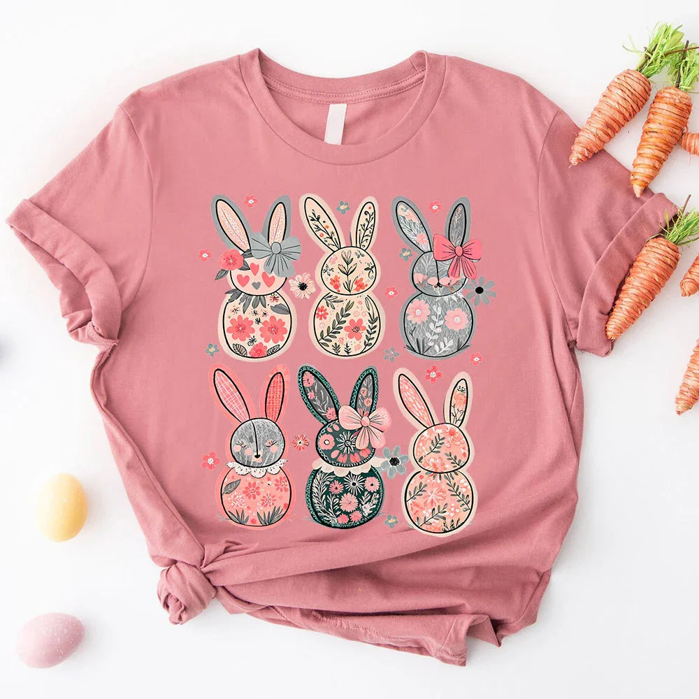 Mauve pink bunny floral graphic T-shirt with decorated long-eared Easter bunnies