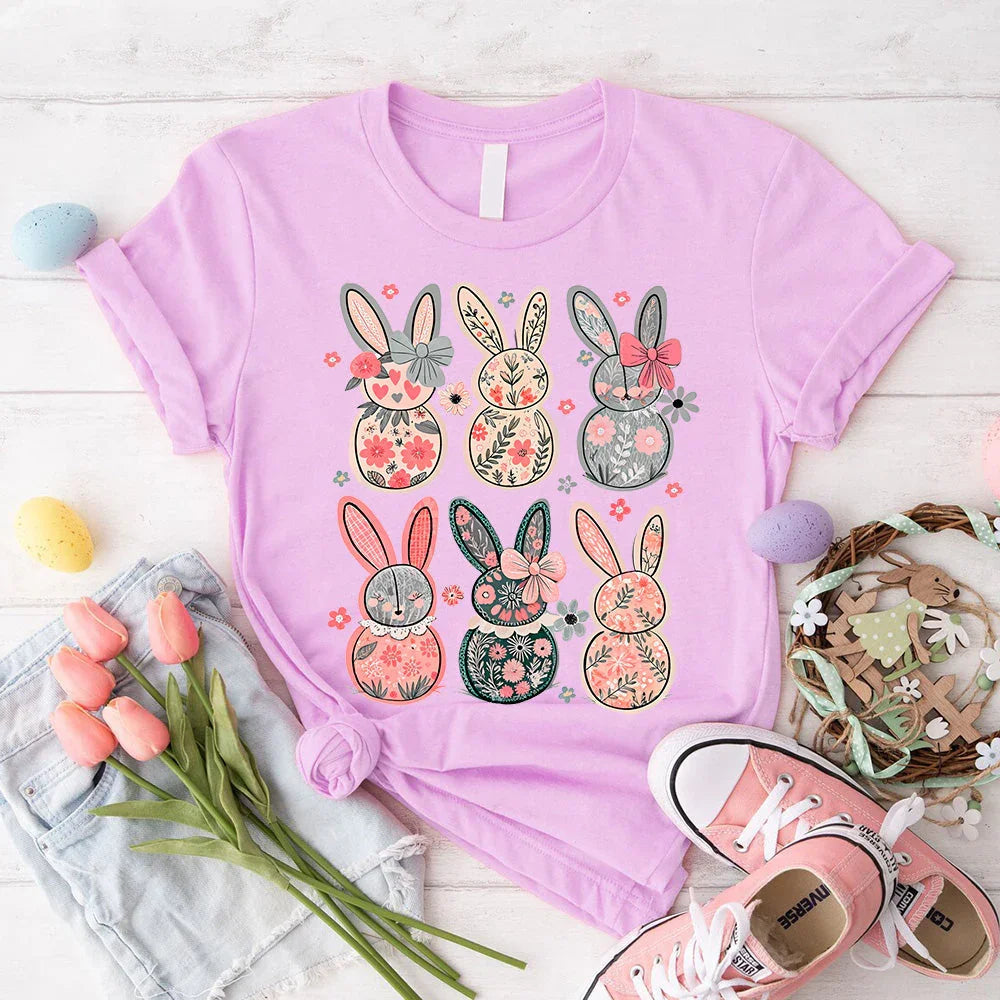 Lilac/purple bunny floral graphic T-shirt with nine decorated Easter bunnies