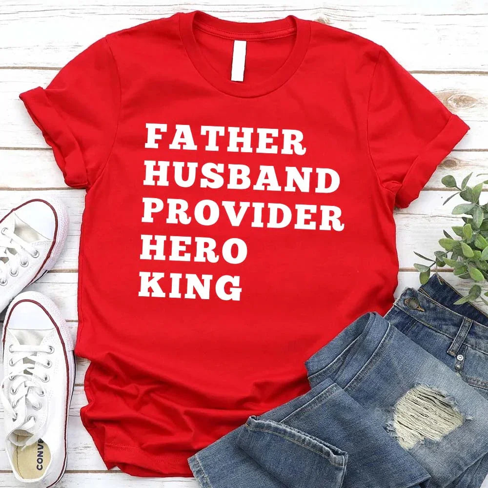 Red crewneck T-shirt with stacked "FATHER HUSBAND PROVIDER HERO KING" print