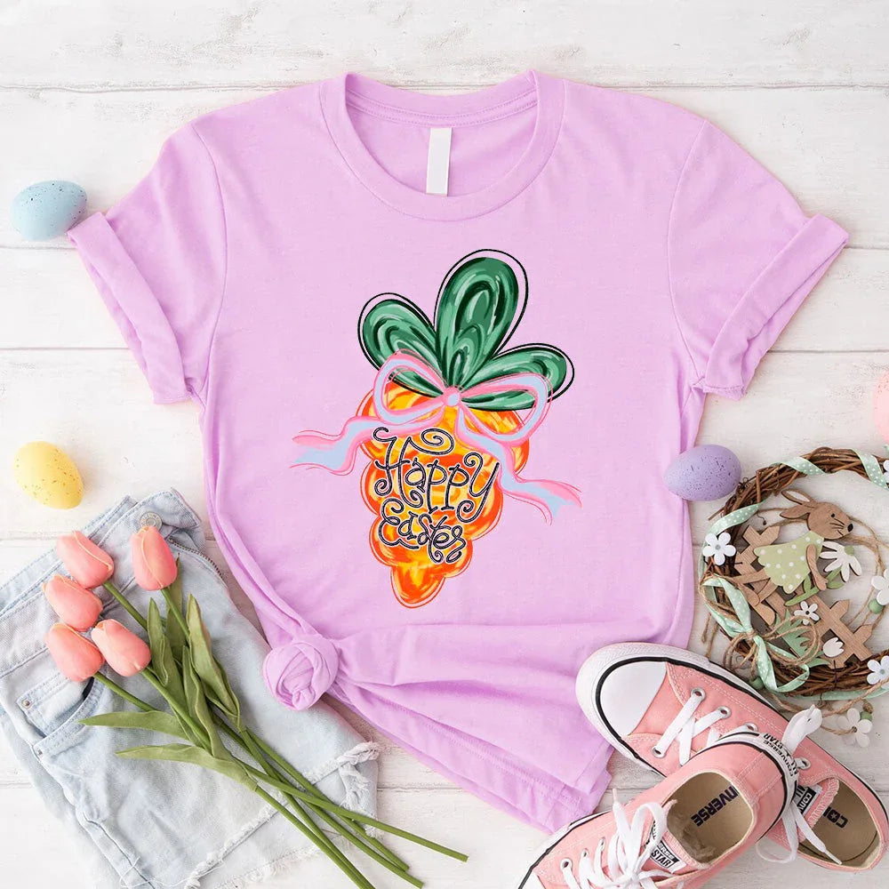 Lilac coquette carrot graphic T-shirt with crew neck and front knot hem