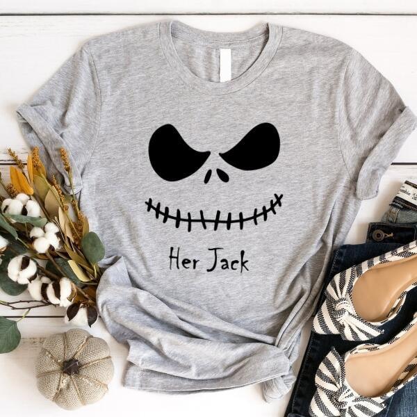 Grey Halloween couple tee with Jack face graphic and text "Her Jack"