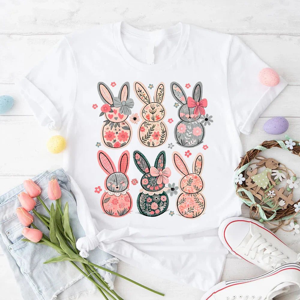 White T-shirt with Easter bunny floral graphic