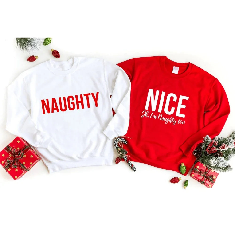 Couples sweatshirt set: white 'NAUGHTY' and red 'NICE' crewnecks