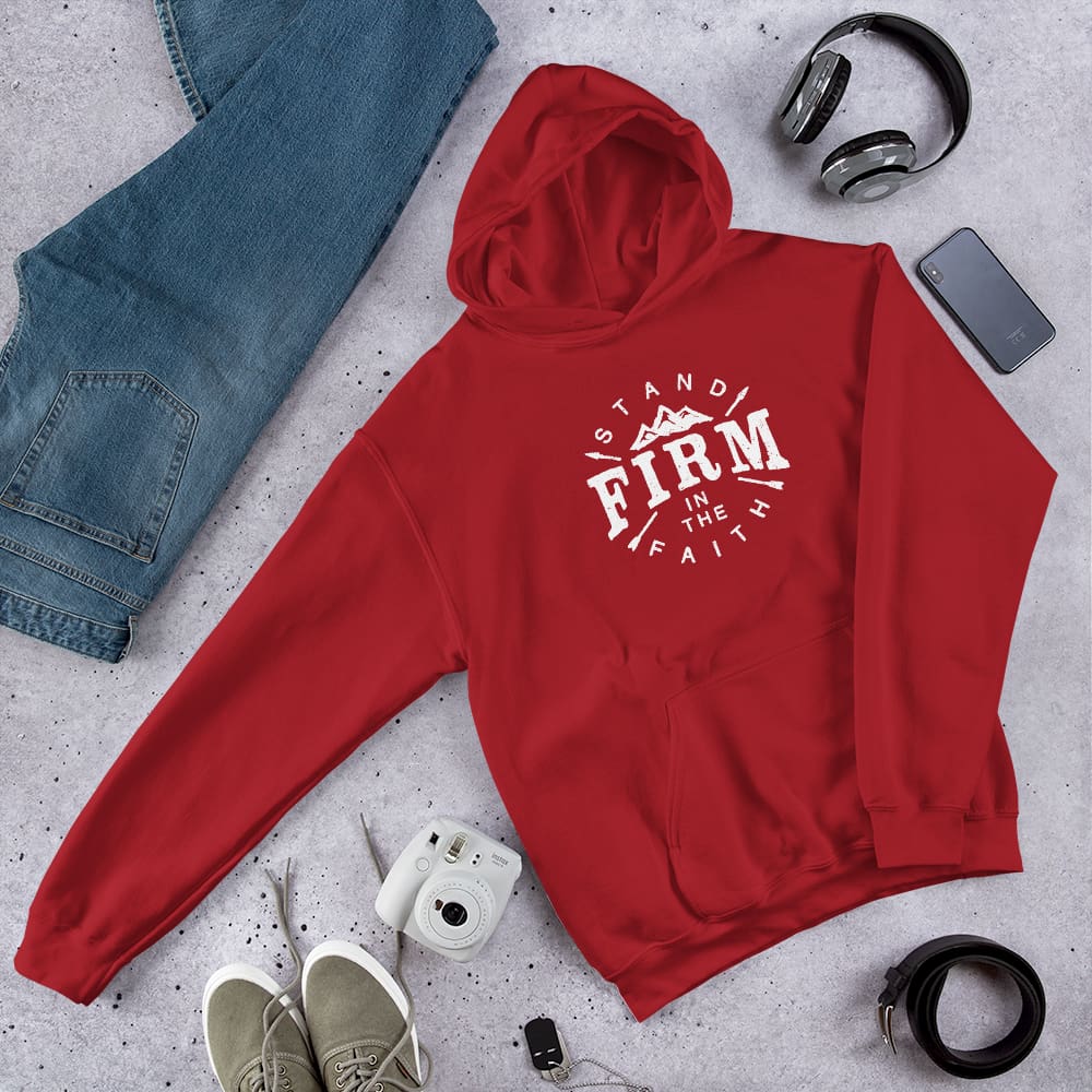 Red crewneck sweatshirt laid flat, centered white faith logo print