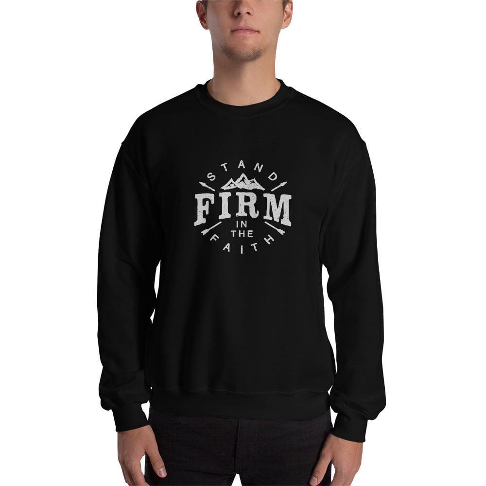 Black crewneck sweatshirt on model, centered white faith logo print