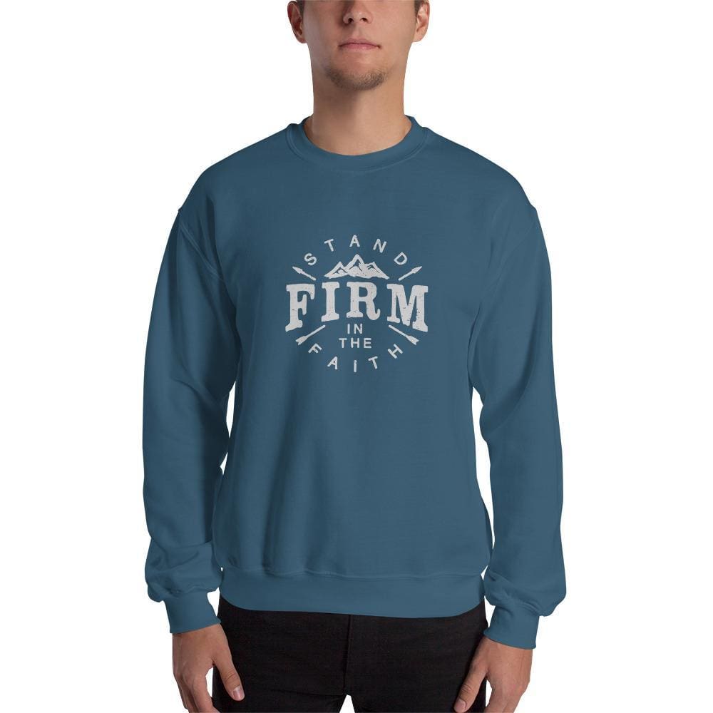 Blue crewneck sweatshirt on model, centered white faith logo print