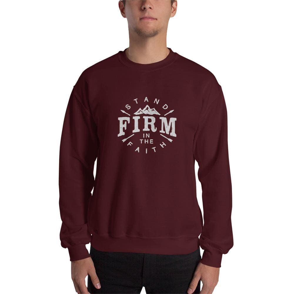 Maroon crewneck sweatshirt on model, centered white faith logo print