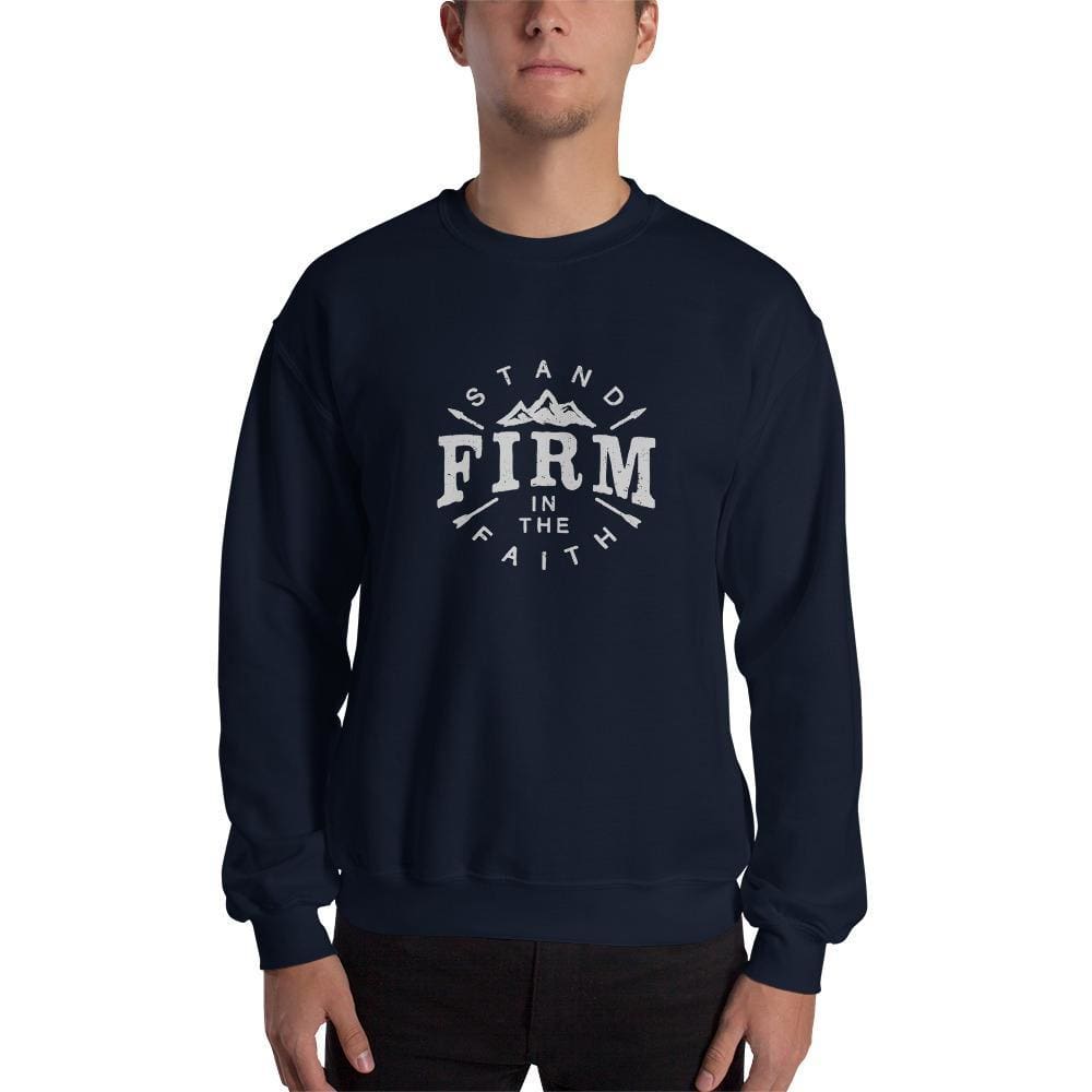 Navy crewneck sweatshirt on model, centered white faith logo print