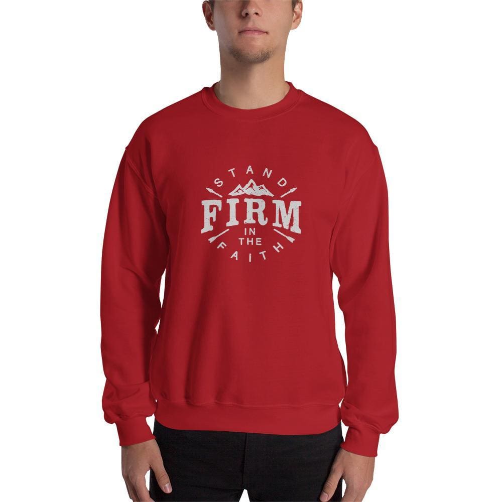 Red crewneck sweatshirt on model, centered white faith logo print