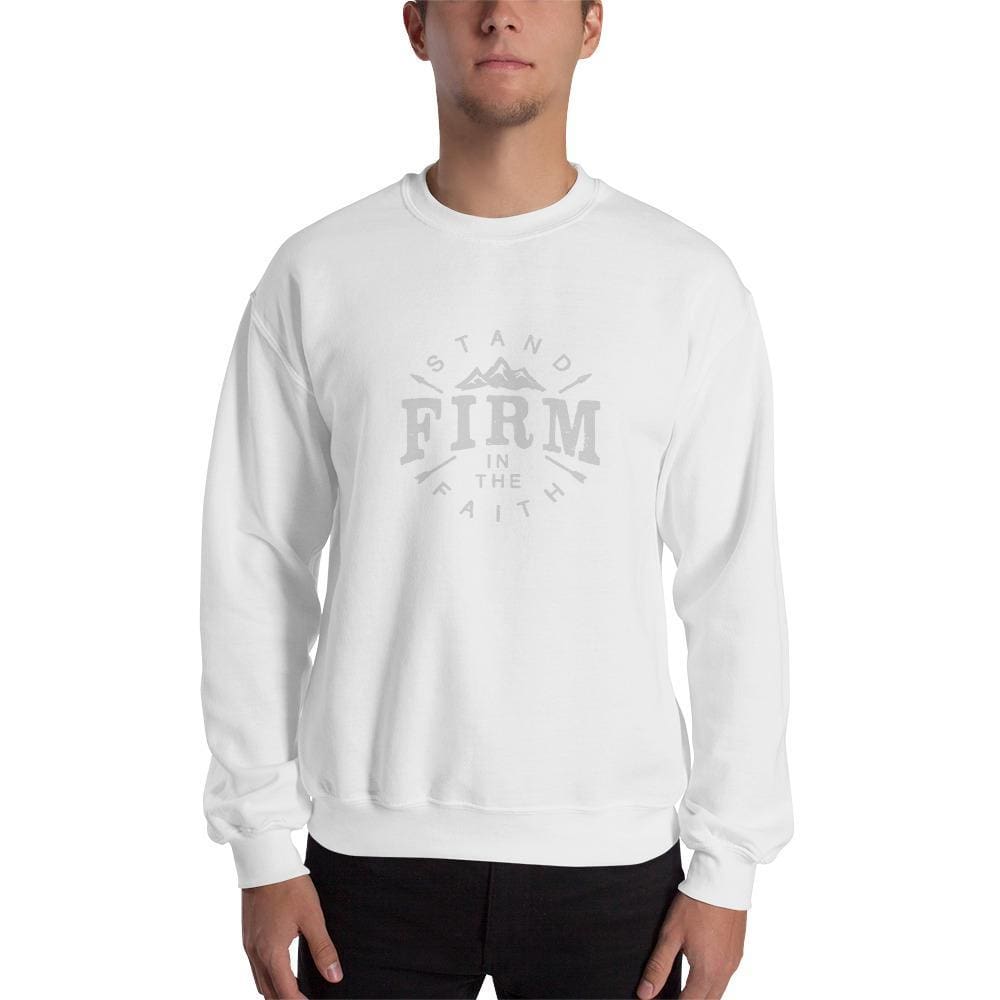 White crewneck sweatshirt on model, centered white faith logo print