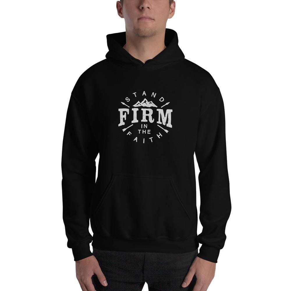 Black pullover hoodie with kangaroo pocket and chest logo graphic