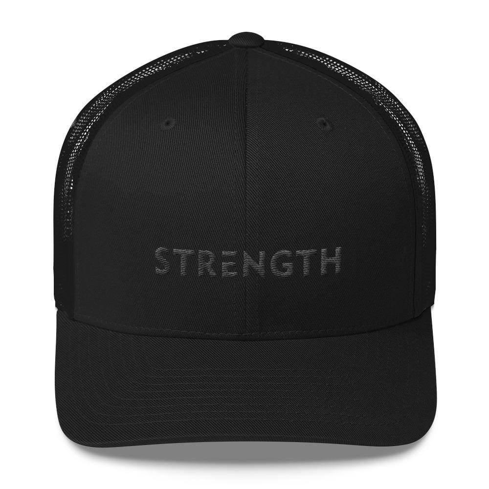 Black snapback trucker hat with embroidered 'STRENGTH' on front panel