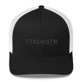 Black snapback trucker hat with 'STRENGTH' text and white mesh back