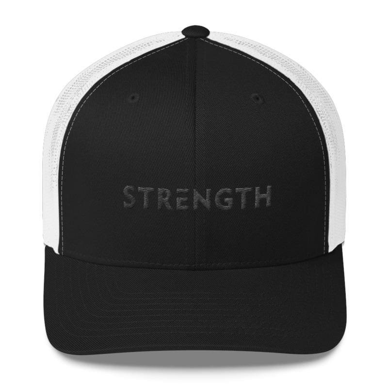 Black snapback trucker hat with 'STRENGTH' text and white mesh back