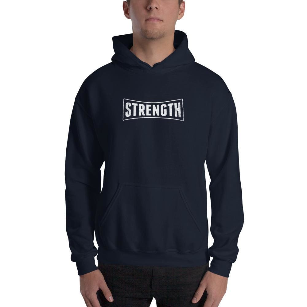 Navy hoodie sweatshirt with 'STRENGTH' front logo, kangaroo pocket, drawstring hood