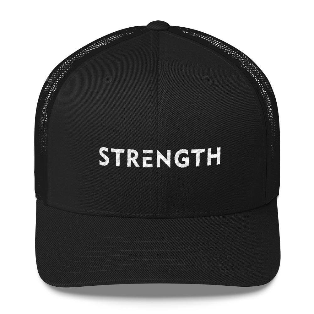 Black mesh snapback trucker hat with 'STRENGTH' front text