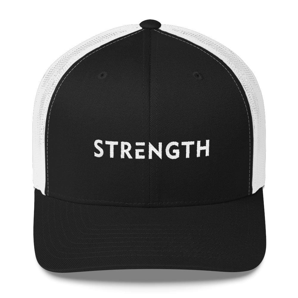 Black and white snapback trucker hat with 'STRENGTH' front text