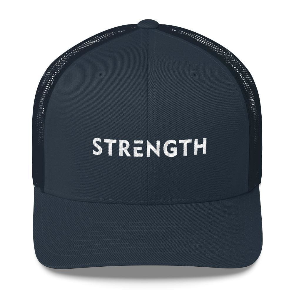 Navy snapback trucker hat with 'STRENGTH' front text