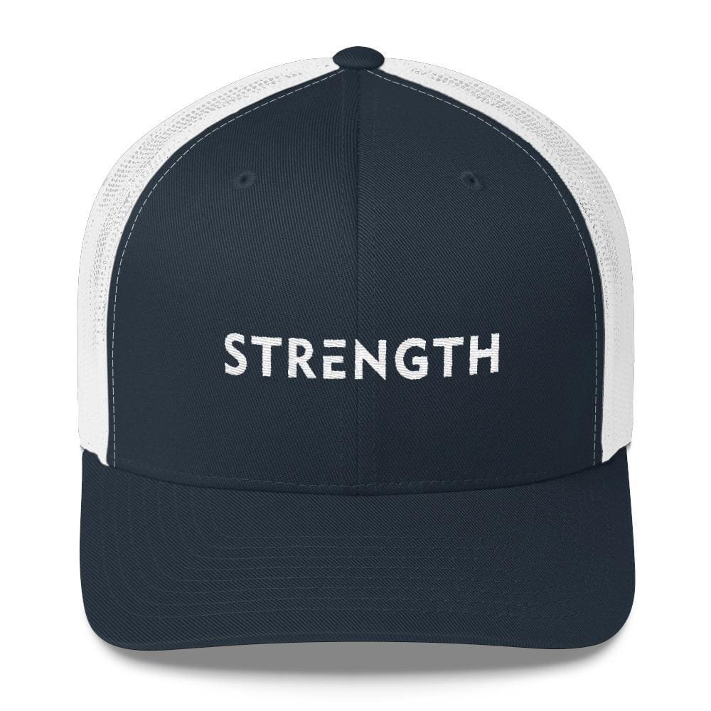 Navy and white snapback trucker hat with 'STRENGTH' front text
